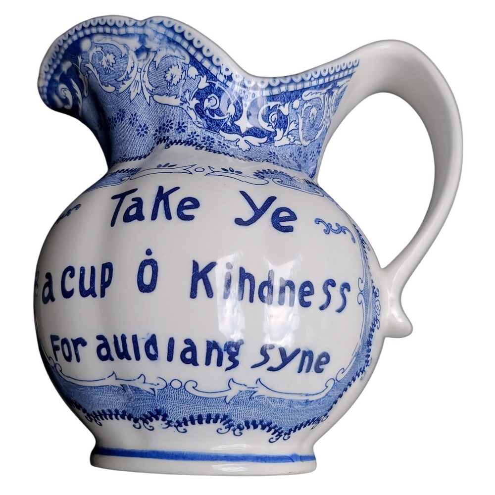Enesco Auld Lang Syne Blue White Transferware Pitcher Take Ye a cup o Kindness